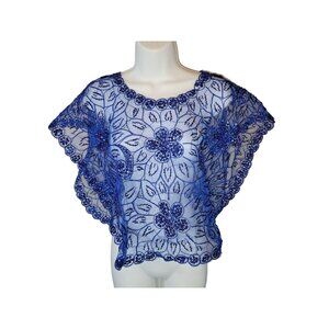Handmade Blue Sequin Beaded Cape Poncho Vintage One Size